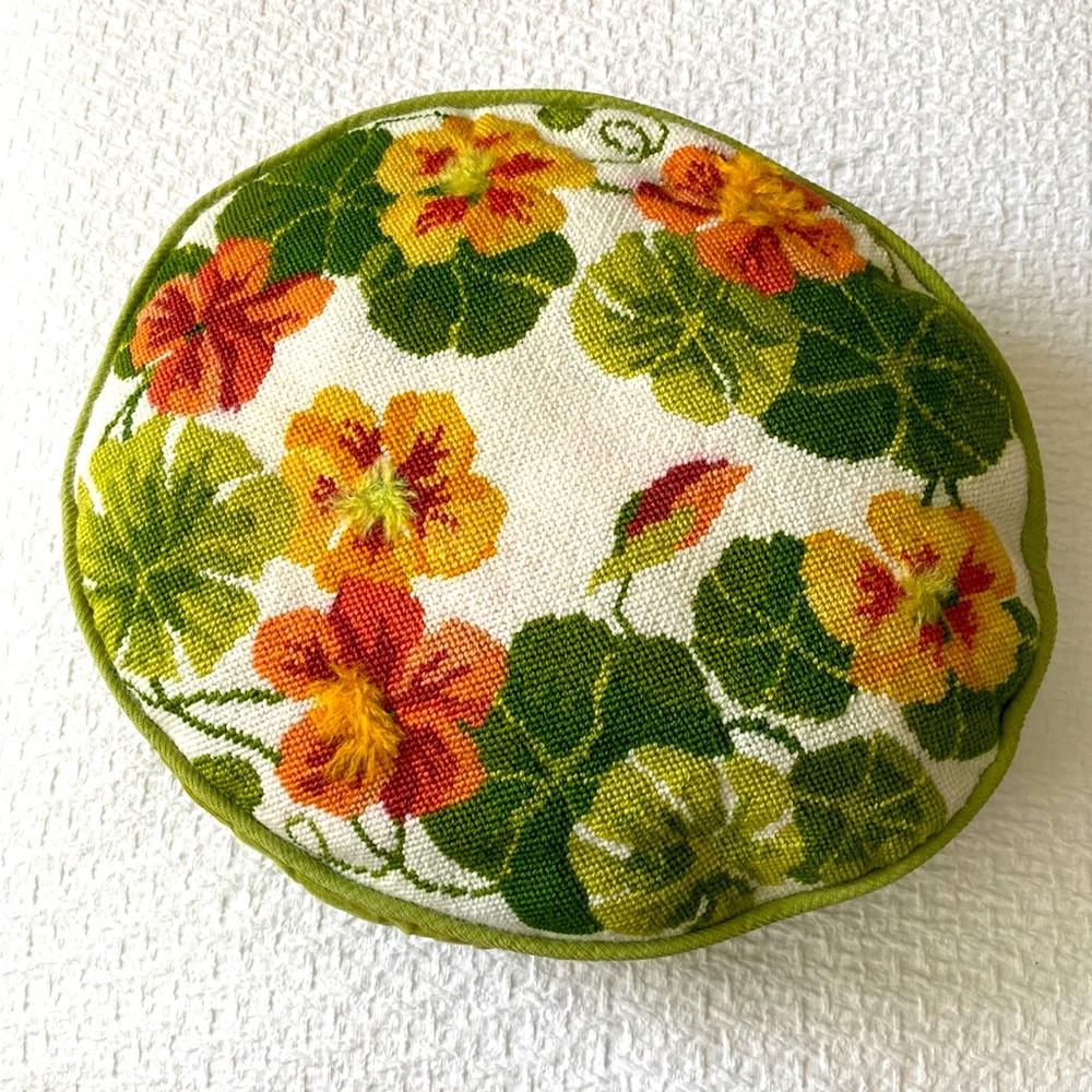 Round/Oval needlepoint pillow; vintage